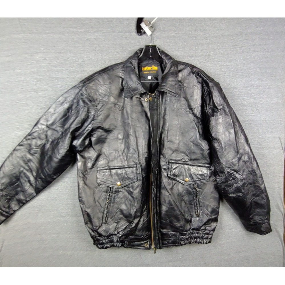 Vintage Leather King Mens Jacket XL Black Genuine Leather Texture Moto‎ Classic